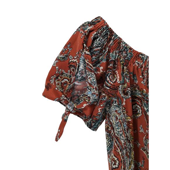 Soprano Off Shoulder Tunic Dress Small Rust Paisley Bohemian Mini Tie Sleeve Fun - Picture 2 of 10